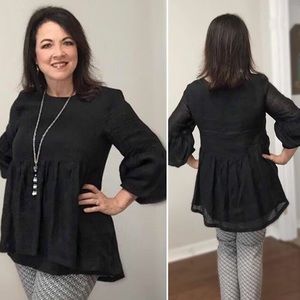 Black Linen Layered Top with Bishop Sleeves